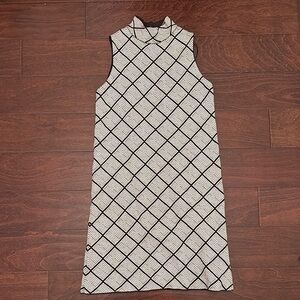 Zara Black and Cream Sleeveless Sheath Dress with Mock Neck